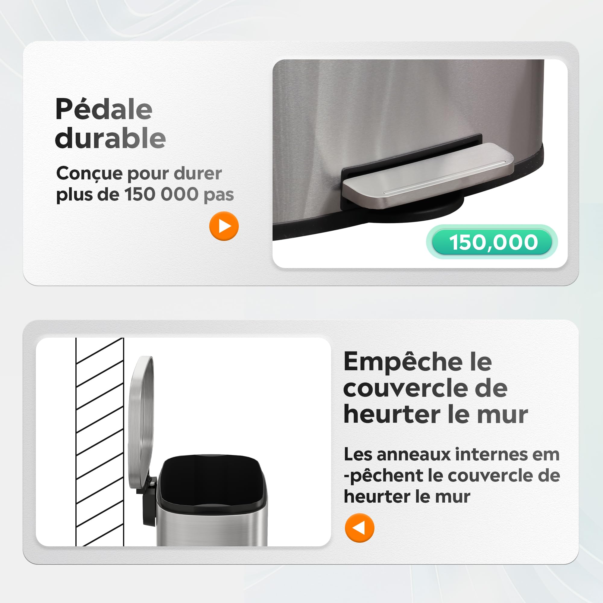 WLIVE Poubelle de Cuisine 50L en Acier Inoxydable, avec Couvercle à Fermeture Douce et Seau Intérieur Amovible, Pédale Mains Libres pour Maison, Buanderie, Bureau, Argent