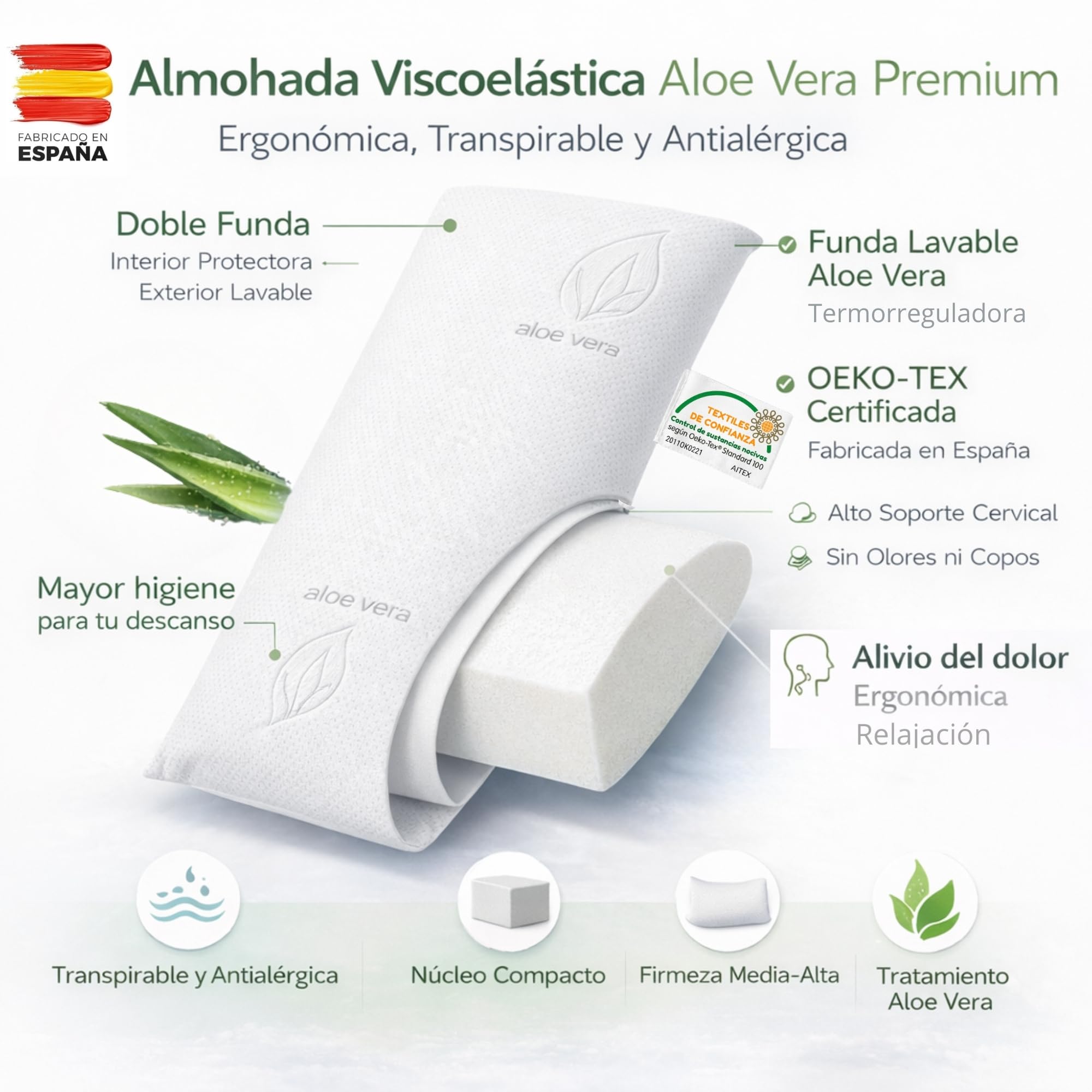 Almohada Viscoelástica 150cm Aloe Vera de Núcleo Compacto Indeformable – Almohada 150 Ergonómica de Alta Densidad para Dormir de Lado y Boca Arriba, Doble Funda Antialérgica Transpirable, OEKO-TEX