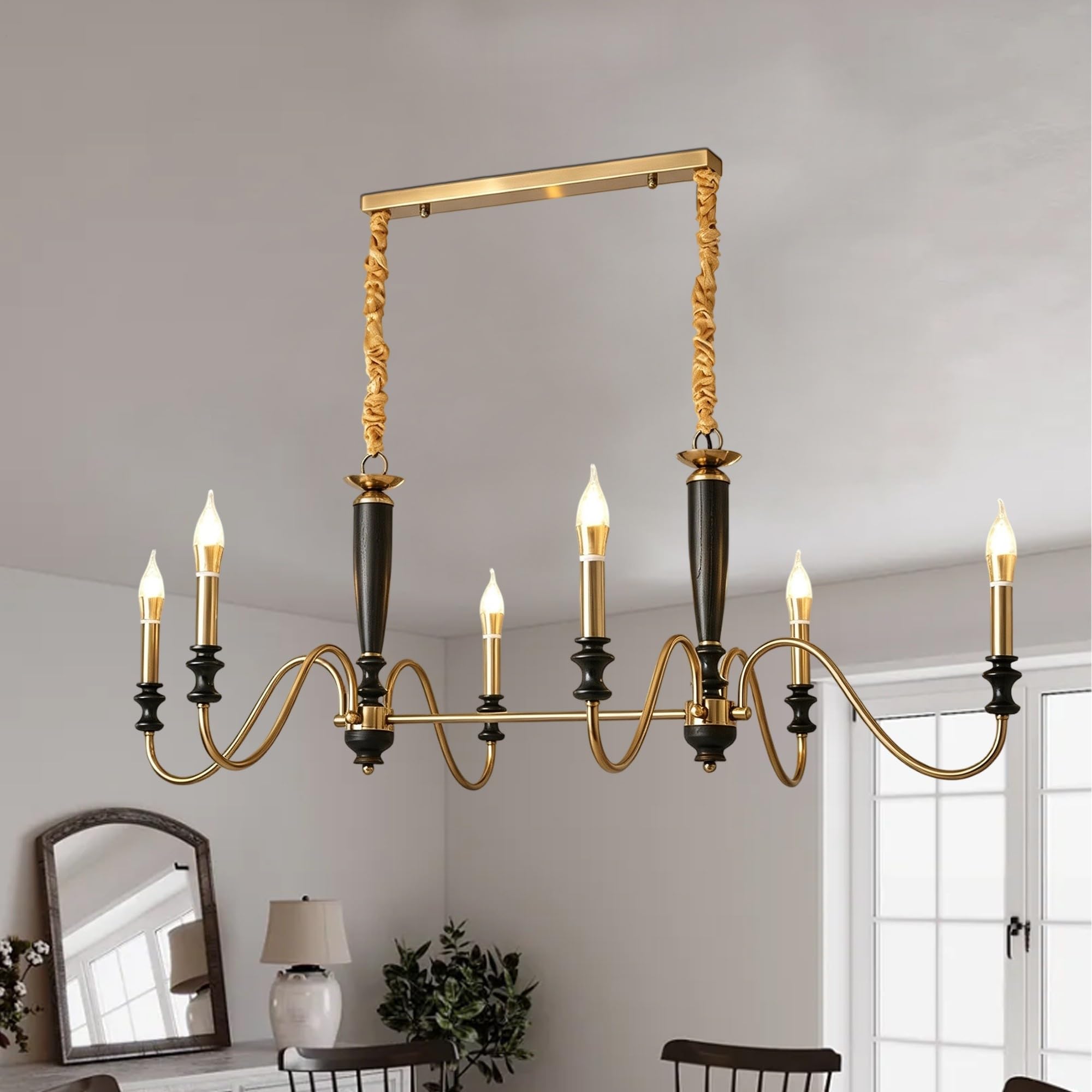 6-lampowy drewniany żyrandol, rustykalna lampa wisząca typu wiejskiego, ręcznie wykonane z litego drewna i kutego żelaza, regulowany łańcuszek do zawieszenia, do salonu, jadalni, kuchni