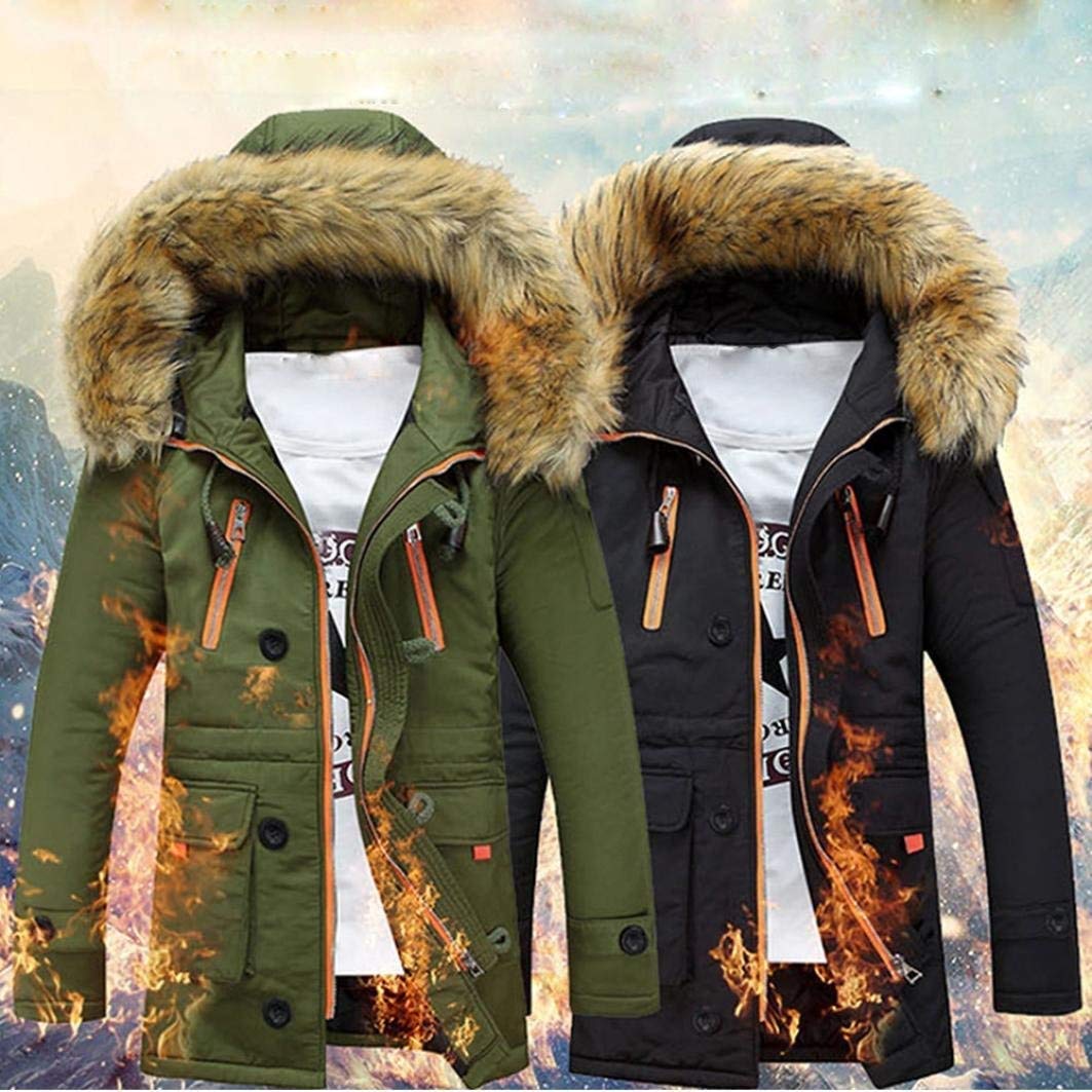 Unisex ciepły płaszcz damski wełna, moda męska, futro, męska, outdoorowa, ciepła, zimowa, długi kaptur, płaszcz męski, zielony, L