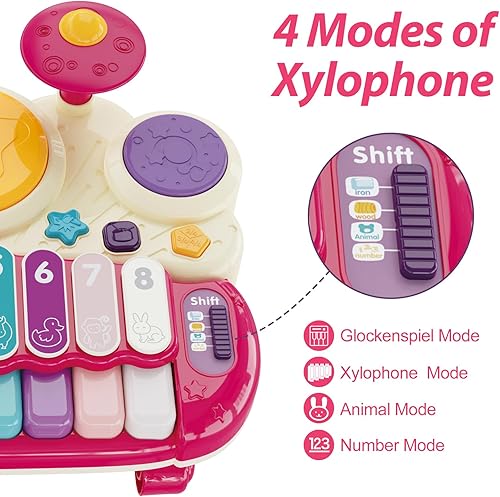 Miniatura 4 de Juguetes musicales para bebés, 5 en 1, juego de batería para niños, teclado de piano electrónico, xilófono con luces, instrumentos musicales,