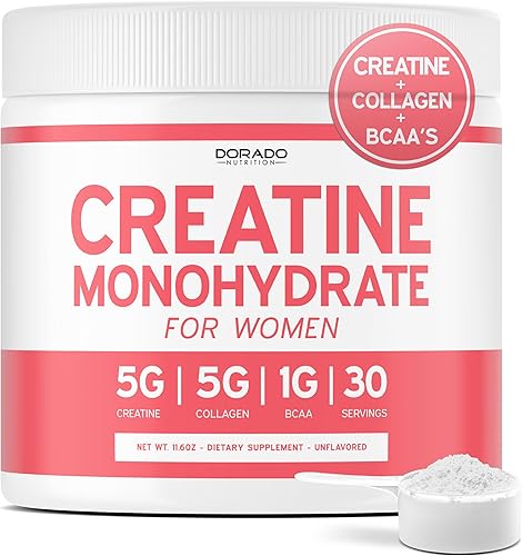 Creatina para mujer  Monohidrato de creatina en polvo + 5000 mg de colágeno + 1000 mg BCAA 211 en polvo (30 porciones) soporta glúteos, músculos