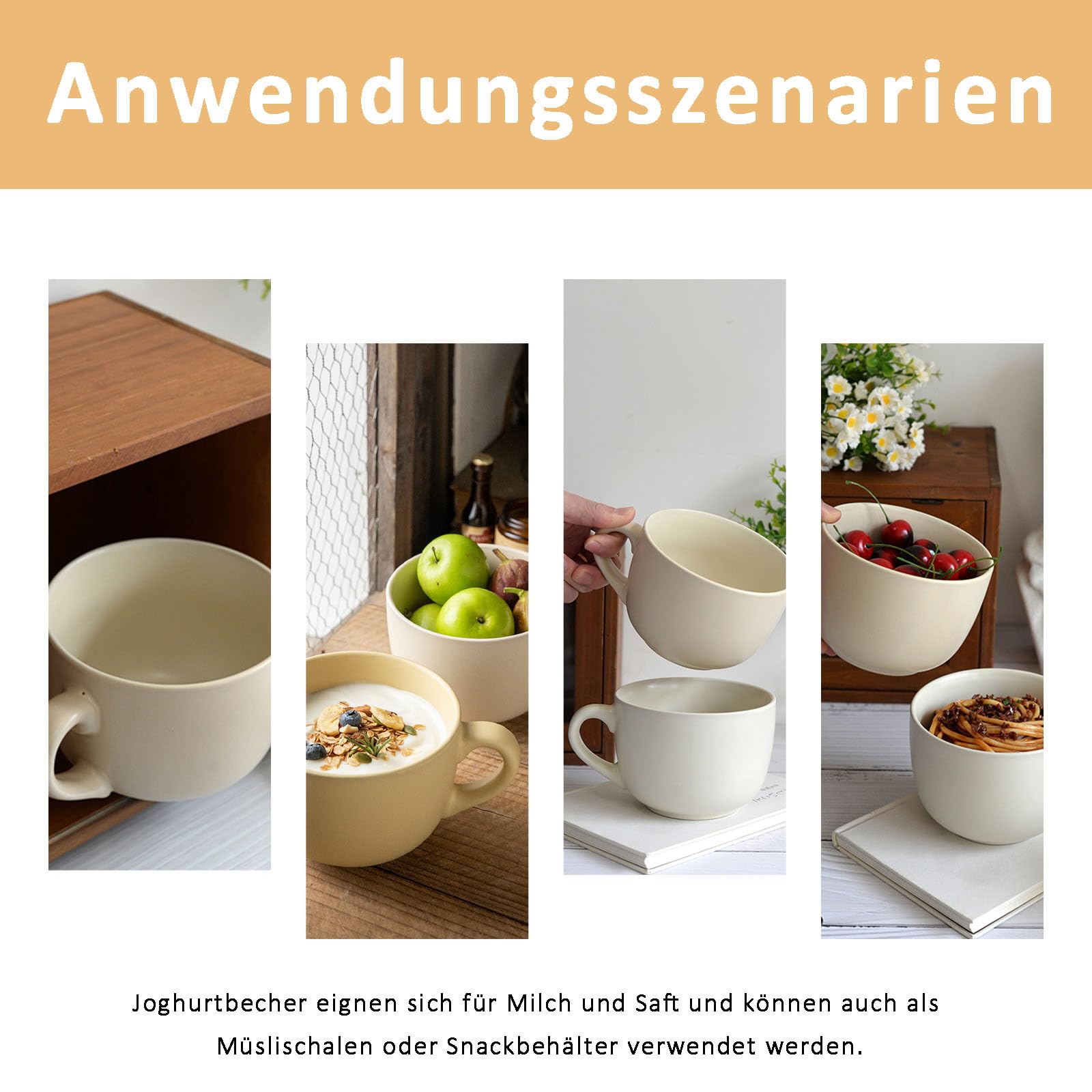 Groß Tasse Müslischalen mit Henke, 800ml Kaffeetass Groß Keramik, Kaffeetass großs Keramik mit Löffee, Suppenschüssel mit Henkel, für Milch, Müsli, Obst, Eiscreme, Hellgelb