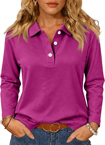 Long Sleeve Polo Shirts for Women Golf Collared Cotton Button Fall Tops