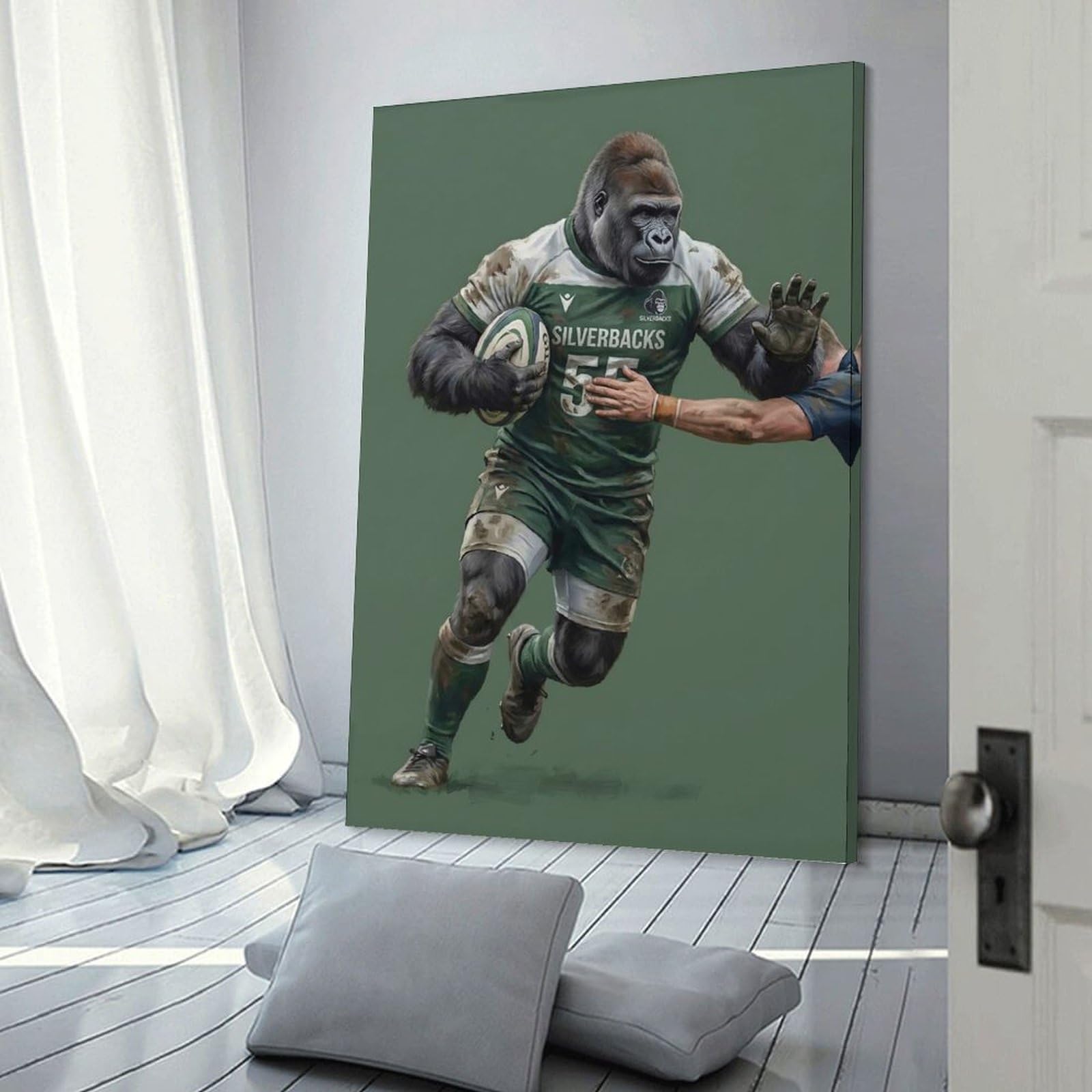 Junmoney Gorilla Rugby Player with Ball Hanging Wall Art 20x30inch(50x75cm), for Restful Interiors, Bedrooms Or Small Rooms, Home Artwork with A Soft Interior Feel