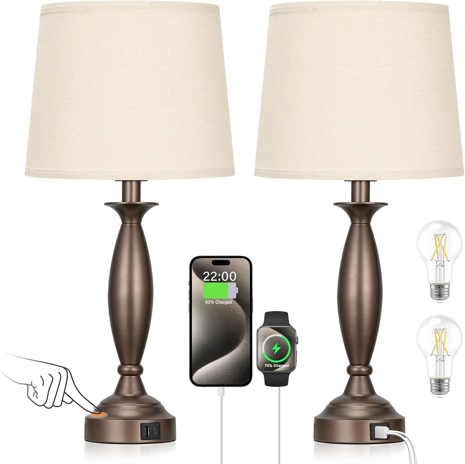 Blue Linen Shade Nickel Base Touch Control Table Lamps Set of 2