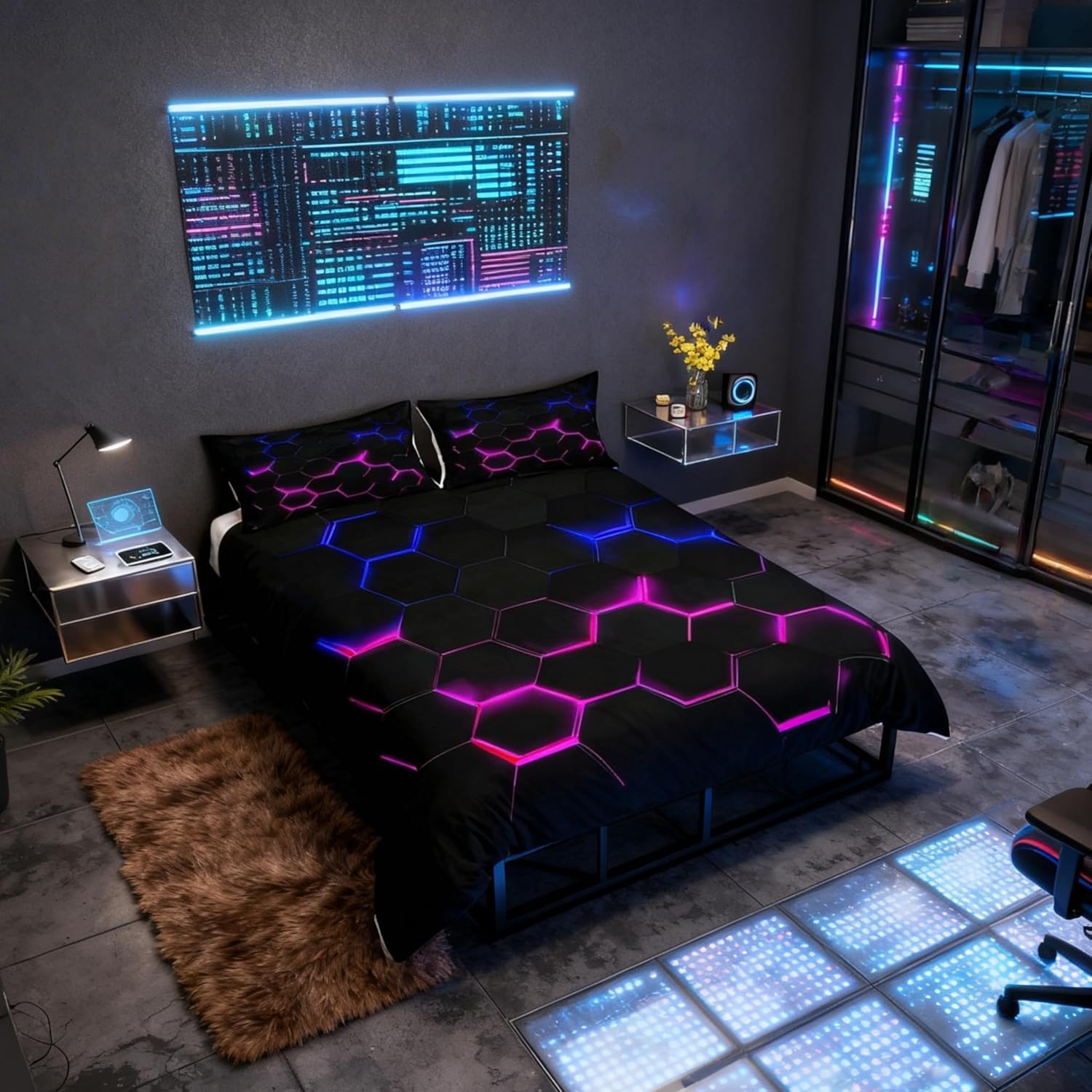 Feelingyou Boys Geometry Purple 3D Honeycomb Duvet Cover Set Single,Hexagon Theme With Pink Blue Neon Lights Comforter Cover, Teen Man Chic Creative Home Bedding Quilt Cover 2 Piece With 1 Pillowcase,Black