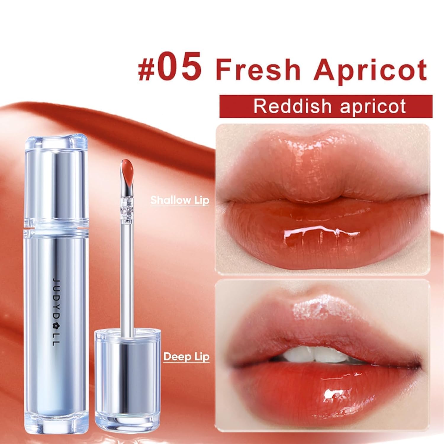 JUDYDOLL Ice Watery Lip Gloss, Moisturizing Liquid Lipstick with Hyaluronic Acid & Collagen, Non-sticky, No transfer Long-lasting Mirror Lip Glazes with Iron Applicator, new pkg (#05 Fresh Apricot) - Image 7