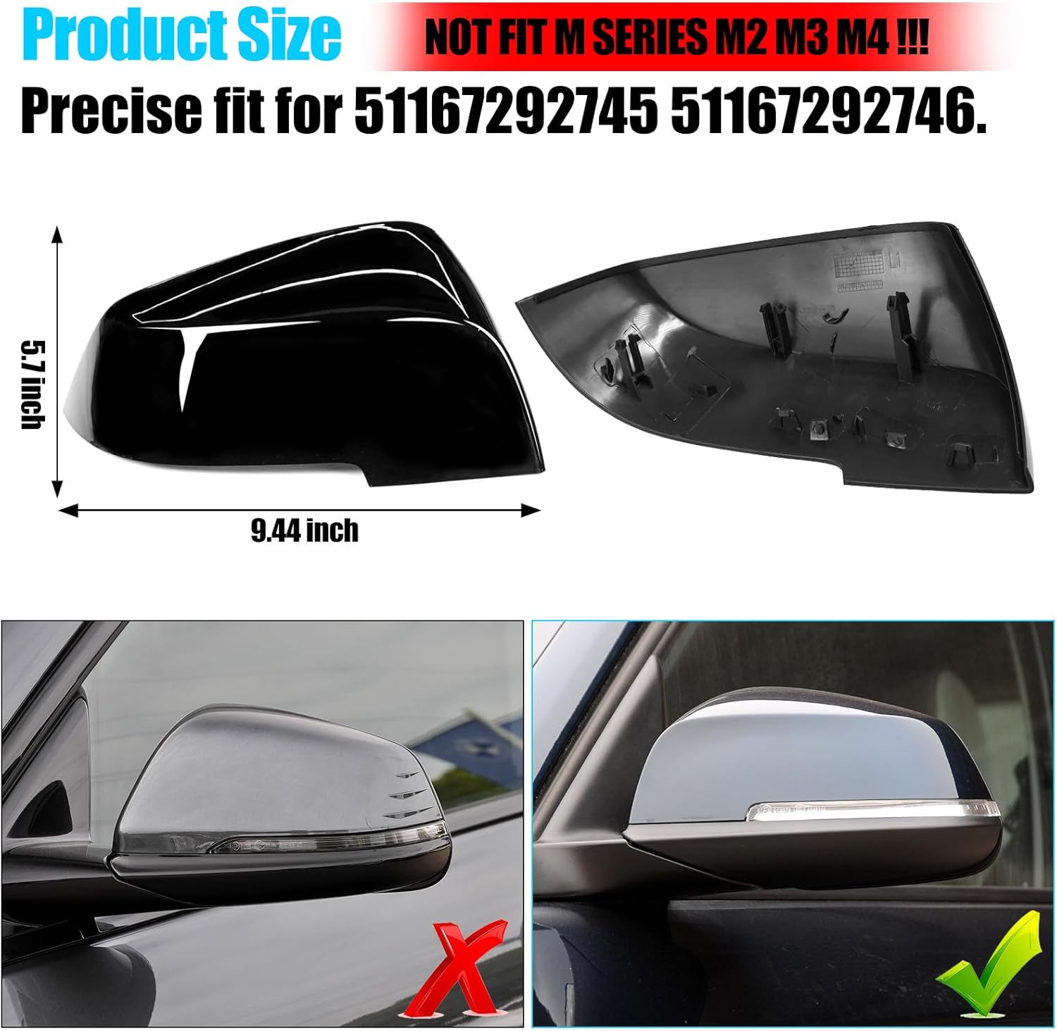 Jaronx Compatible with BMW Mirror Cover Replacement for 1' F20 F21 2012-2017, 2'F22 2014-2020, 3' F31 F30 2013-2018, 4'F32 2014-2019, X1 E84 2009-2015, Left & Right Black Side Mirror Cover 51167292745