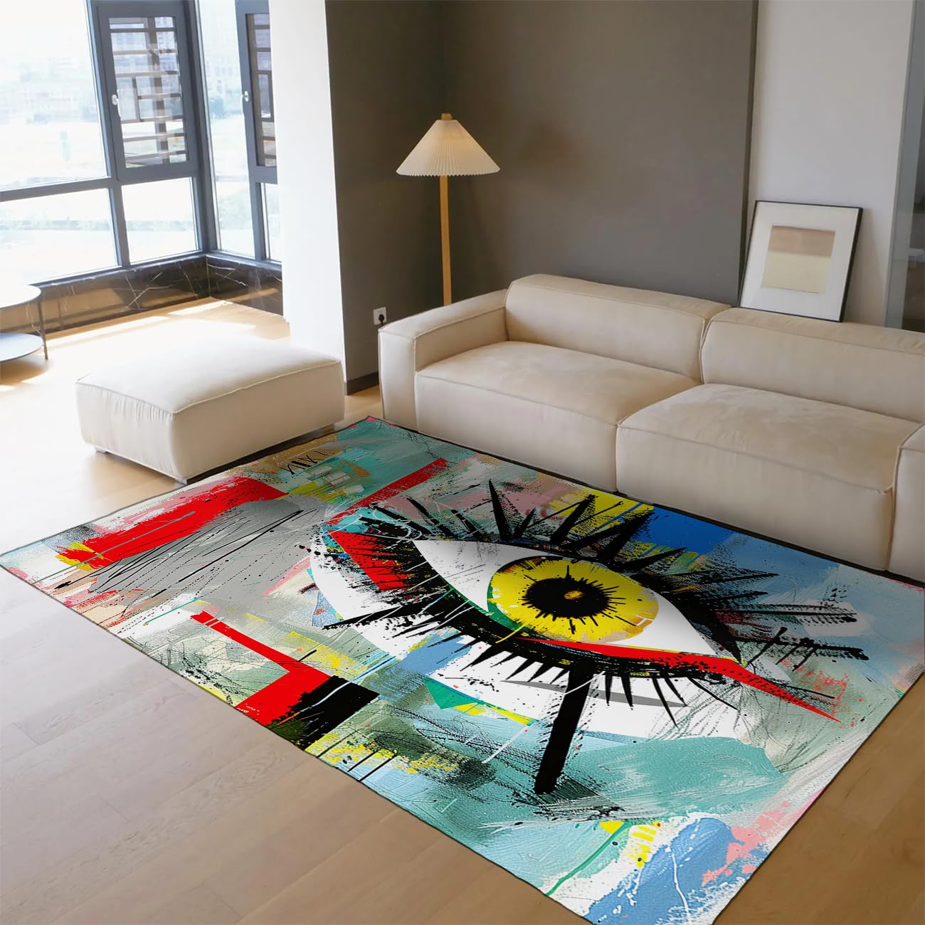 Tapis à poils courts motif oeil 120x150cm lavable en machine pour salon pop art