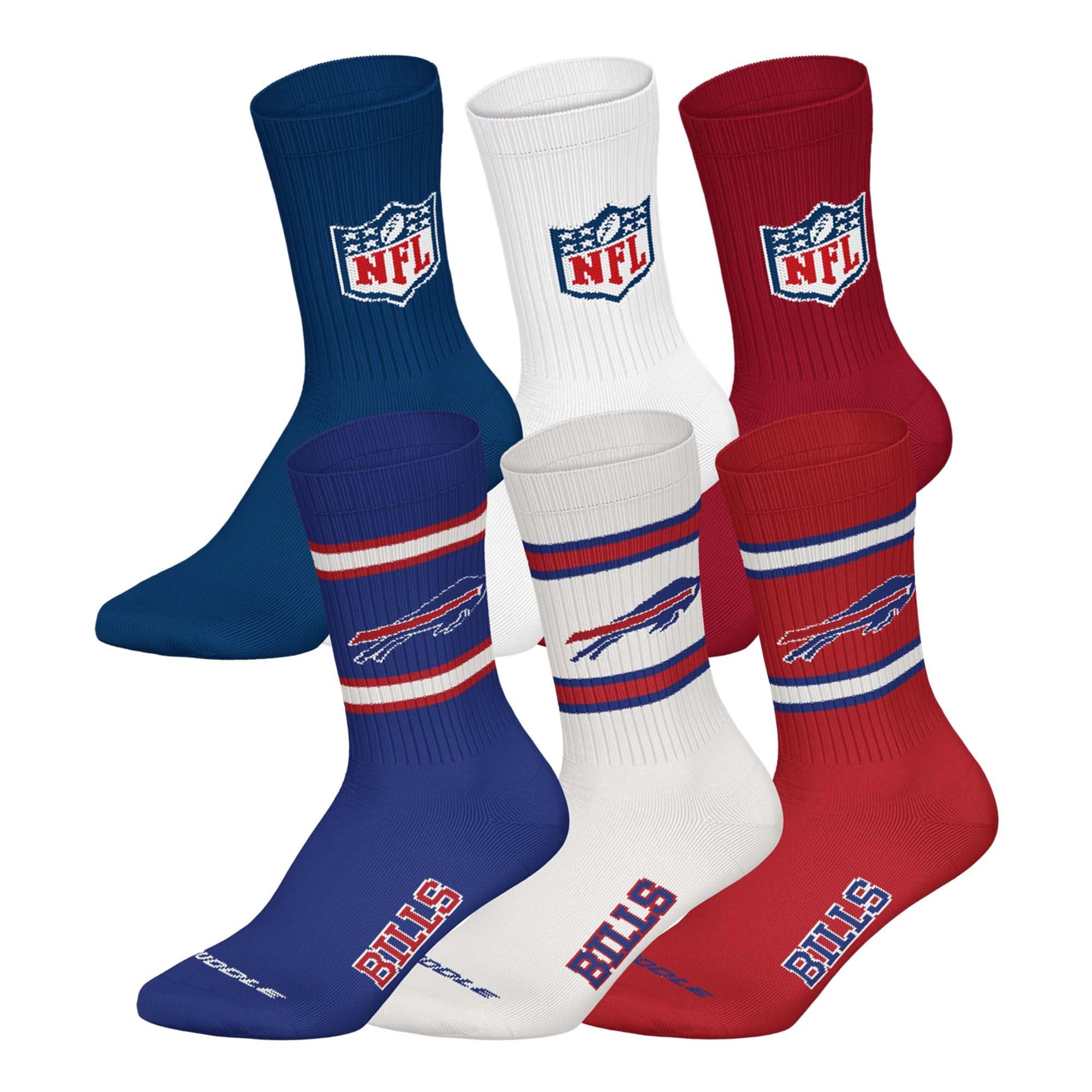 NFL Unisex Team Crew Socks, Buffalo Bills, Mix, 43-46, Pack of 6