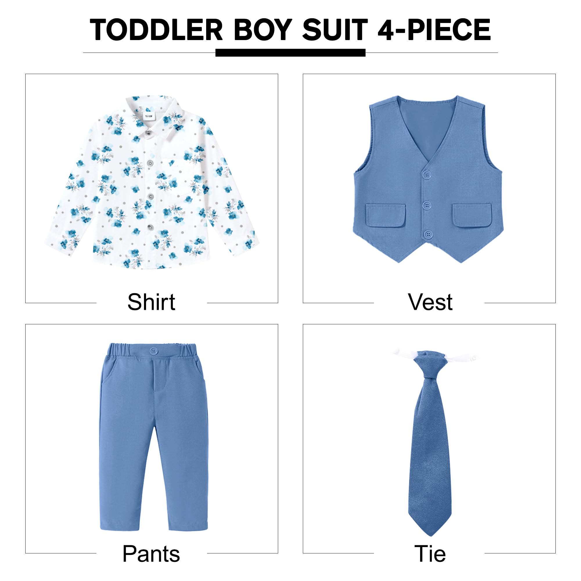 SANMIO Costume pour garçon - Tenue formelle - Chemise + cravate imprimée + gilet + pantalon - Smoking pour bébé - Vêtements de mariage