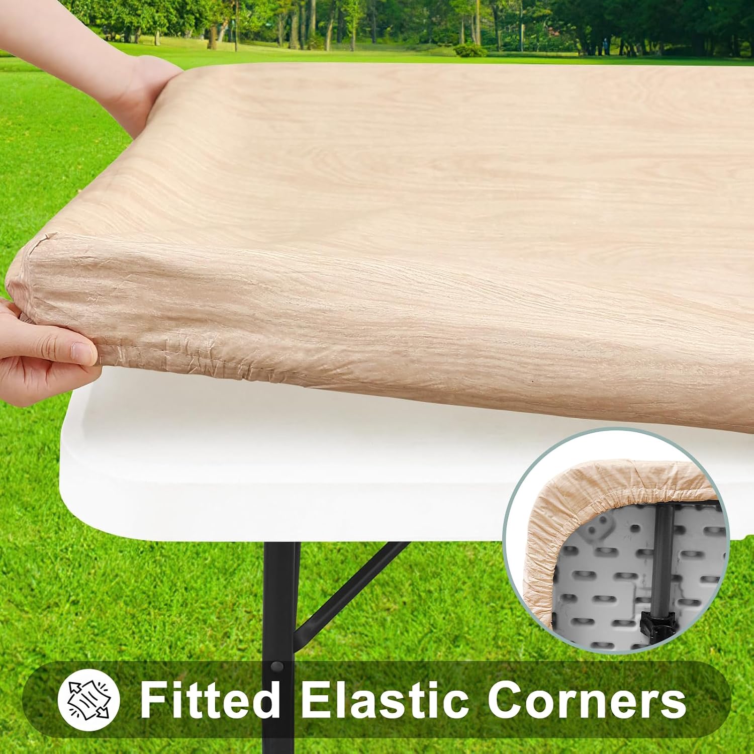 smiry rectangle table cloth cover, waterproof elastic fitted picnic tablecloth for 6 foot tables, wipeable flannel backed vinyl tablecloths for camping, dining, outdoor (beige wood, 18" x 72") 72" x 18" (rectangular) beige