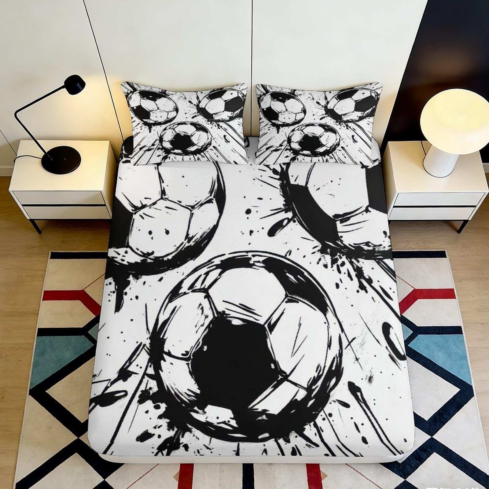 3D Printed Football Splash Fitted Sheet Microfiber Soft Washable Soccer Ball Bed Cover for Bedroom Guest Room Decor 90x200x25cm