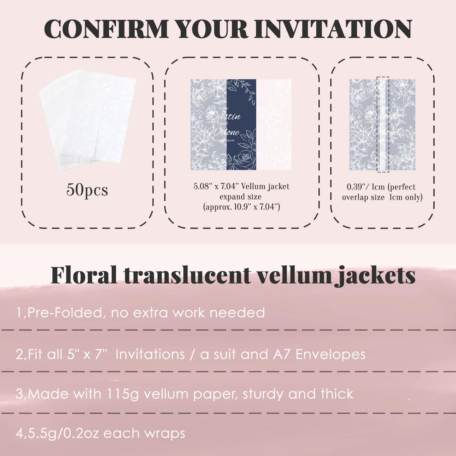 UNIQOOO Paquete de 50 elegantes chaquetas de vitela blancas para invitaciones de 5 x 7, papel vitela preplegado de 115 g/m², para invitaciones de boda, bodas y eventos temáticos blancos