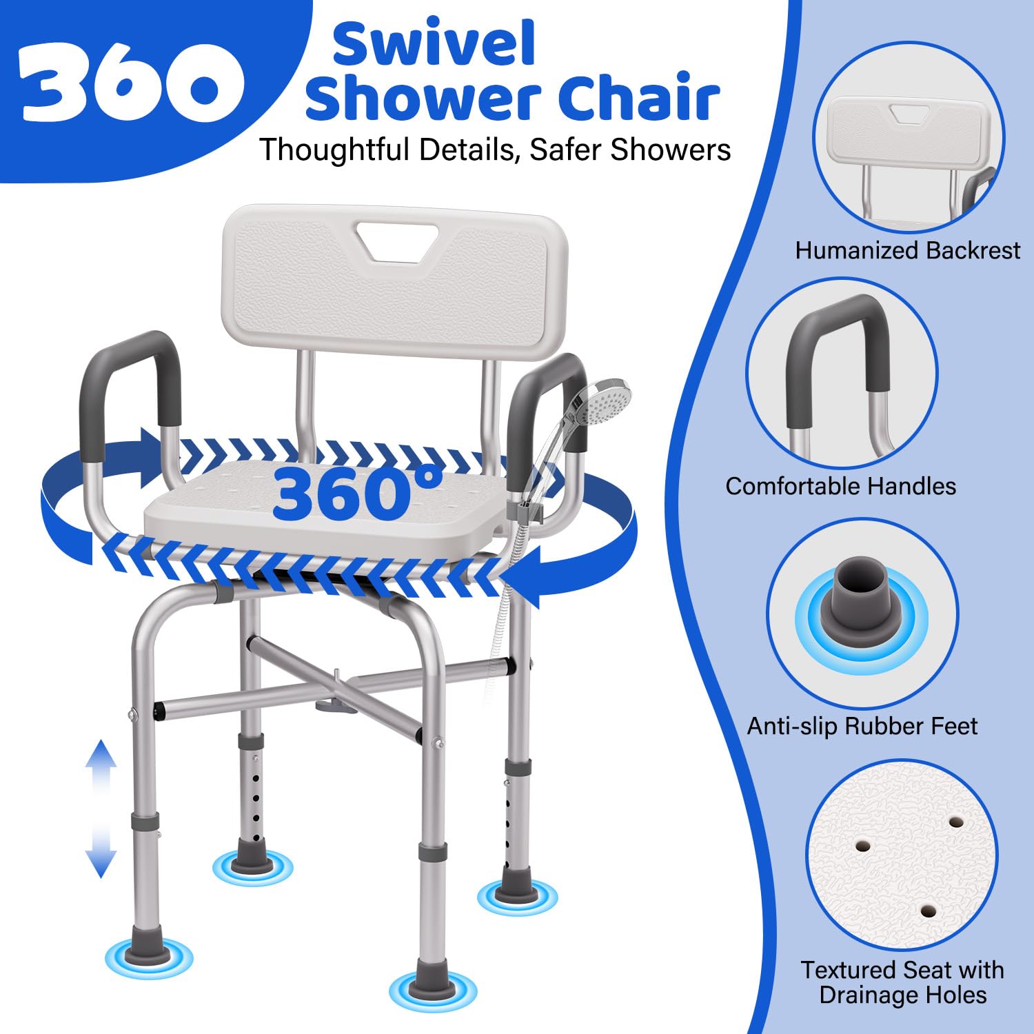 Silla de ducha giratoria de 360° para ducha interior, silla de ducha giratoria de 500 libras con brazos y respaldo, silla de ducha de altura ajustable para ancianos y discapacitados con taburete de | Silla de ducha con brazos y respaldo, altura ajustable,