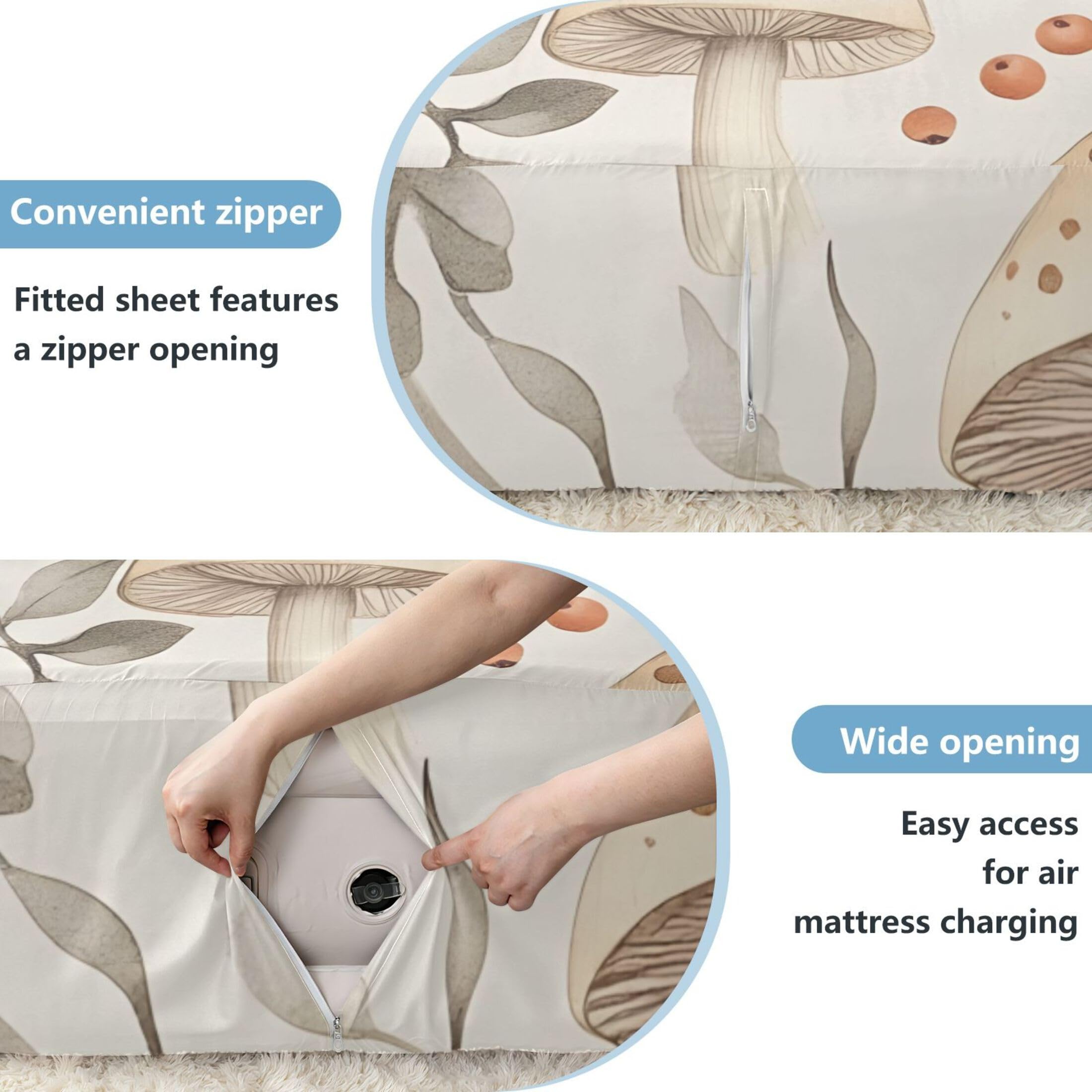 Sábana bajera ajustable individual con diseño de hongos de acuarela para colchón de aire, bolsillo extra profundo de 24 pulgadas, funda suave y transpirable con apertura de válvula de