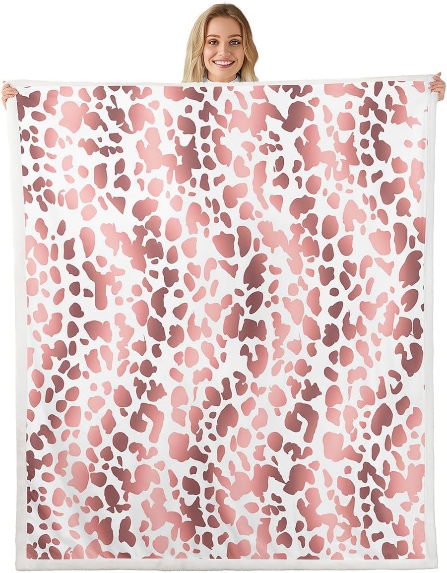 Leopard Travel Blanket Cheetah Print Fleece Blanket Soft Microfiber Rose Golden Gradient Blanket Throw Size for Kids Teens Adults Jungle Animal Print Throw Blanket for Sofa White and Rose Gold Blanket