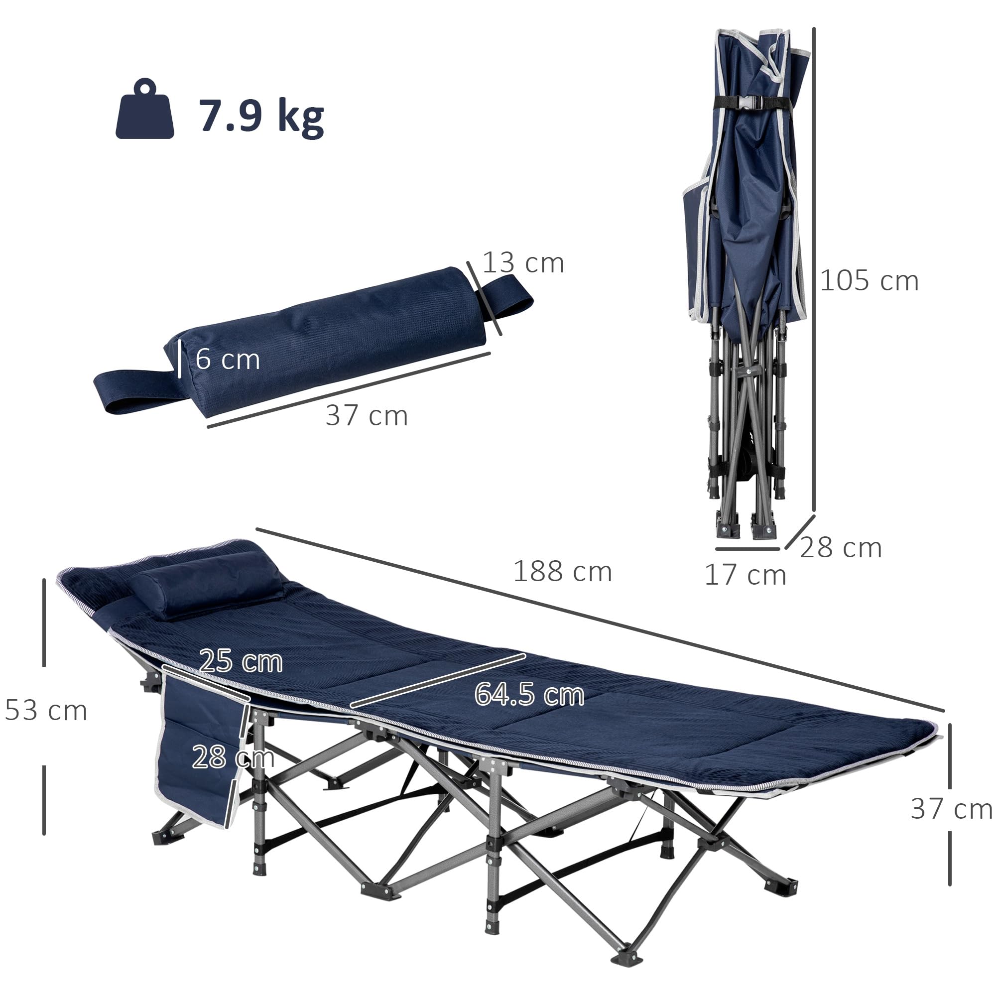 Outsunny Lit de camping pliable Lit de camp pliable avec oreiller Poche latérale Matelas Lit d'invité pouvant supporter jusqu'à 150 kg Voyage Outdoor Oxford bleu foncé 188 x 64,5 x 53 cm