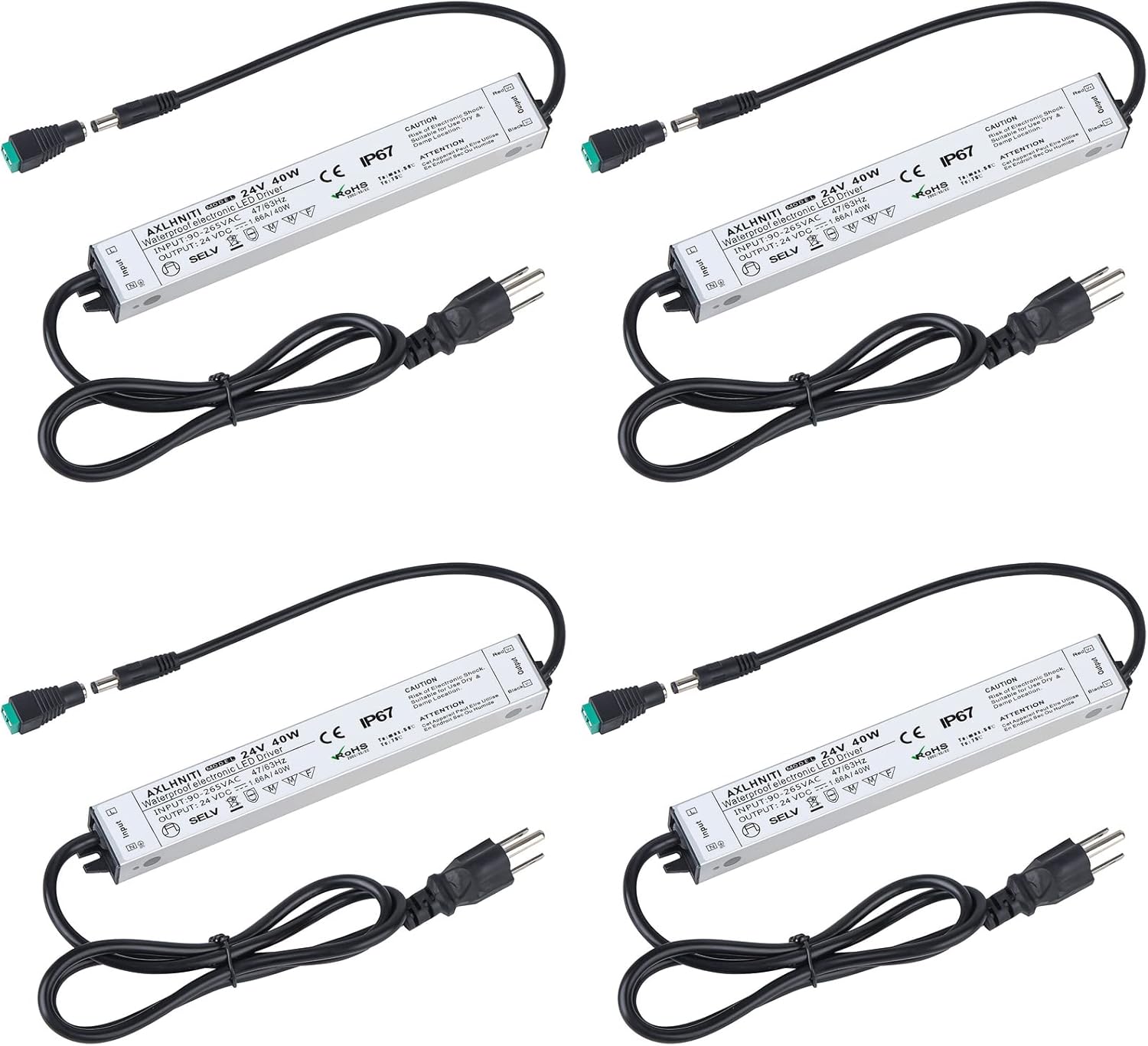 4 Pack LED Driver - 40W Waterproof IP67 Power Supply, 90V-265V AC to 24V DC, 3-Prong Plug 3.3 Feet Cable for Constant Voltage LED Products