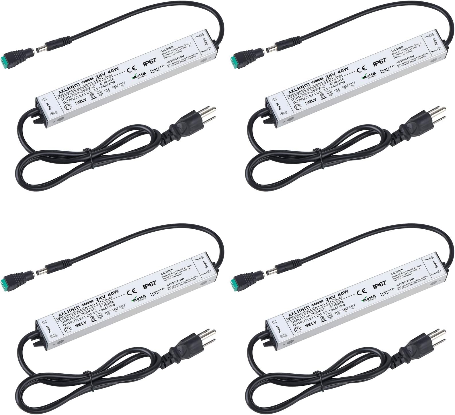 4 Pack LED Driver - 40W Waterproof IP67 Power Supply, 90V-265V AC to 24V DC, 3-Prong Plug 3.3 Feet Cable for Constant Voltage LED Products