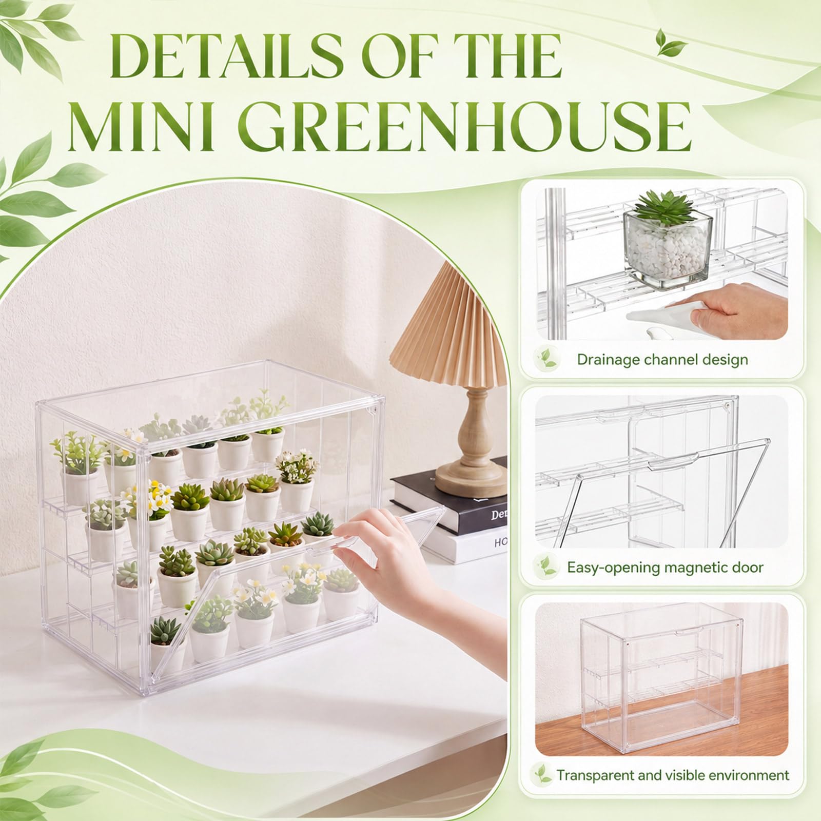 Novabright Mini-Gewächshäuser aus transparentem Acryl für den Innenbereich, mit 3 Regalen, 36,7 x 22,6 x 27,6 cm, stapelbare Tischpflanzen-Anzuchtkästen für Samenstart, Kräuterzucht und kleine