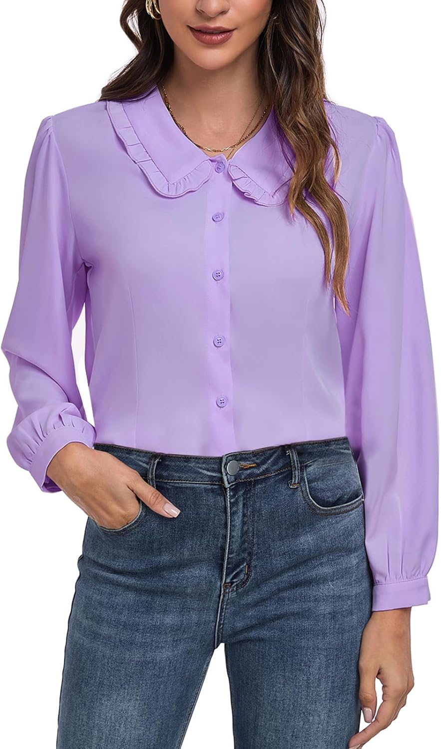 MINTLIMIT Women's Peter Pan Collar Shirt Long Sleeve Vintage Blouses Casual Work Button Down Shirts