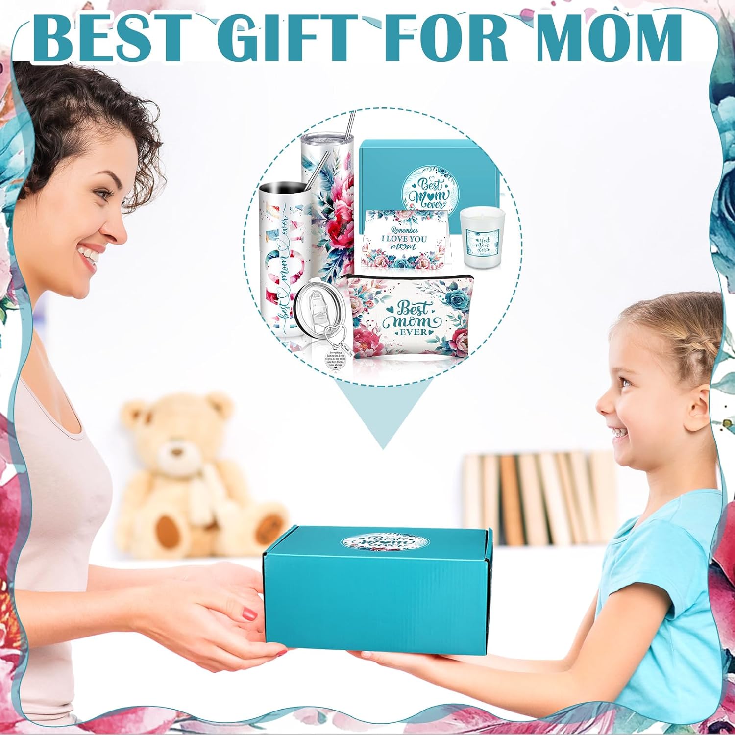Chuangdi 6 Pcs Mother's Day Gifts Set for Mom Wife Best Mother Ever Gift Ink Floral 20oz Tumbler Cosmetic Bag Scented Candle Keychain from Son Daughter for Birthday(Natural,Blue)