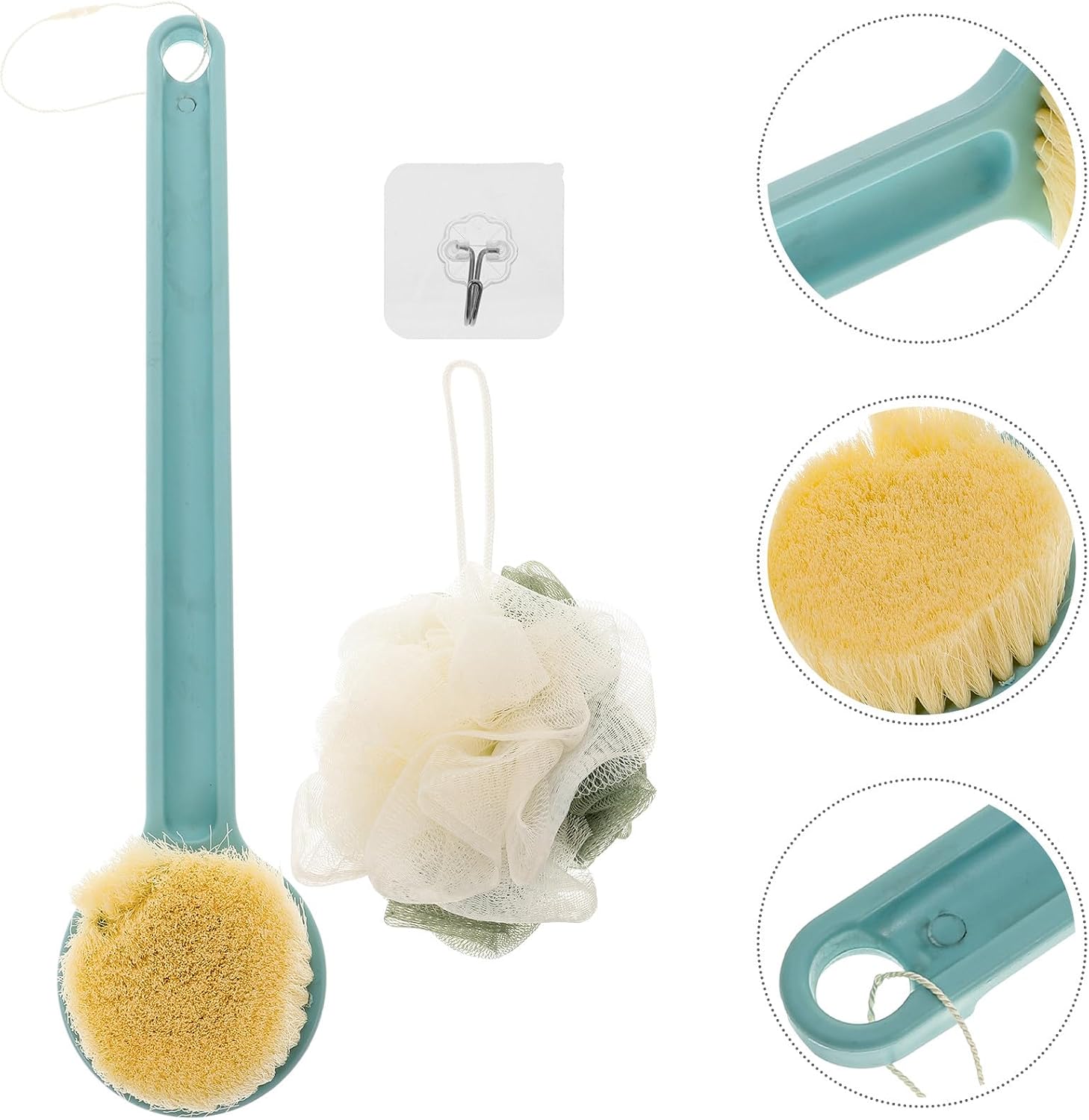 Back Scrubber Body Brush with Long Handle Soft Bristle Bath Brush for Exfoliating and Lotion Application Bathroom Shower Cleaning Tool Lake Blue Round Style