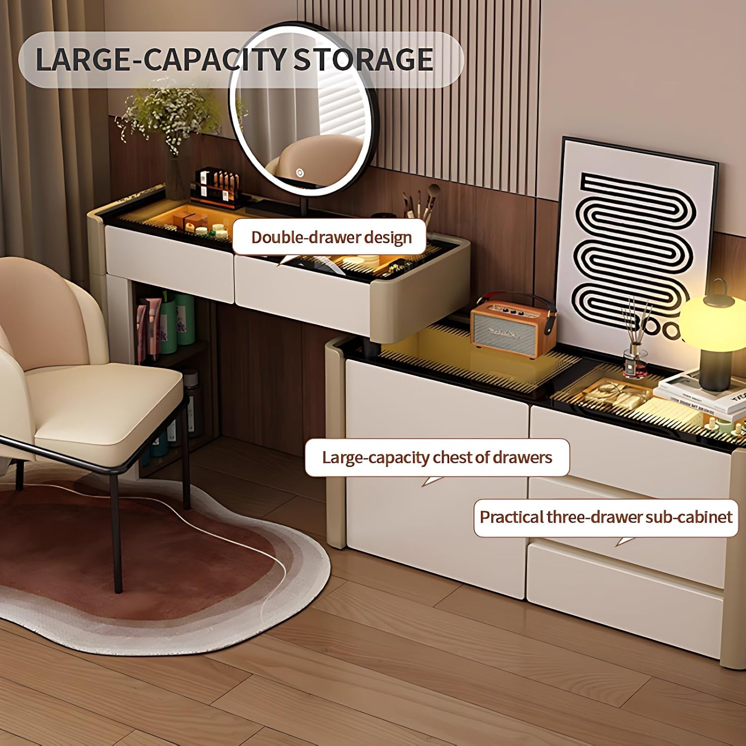 Luxury Vanity Table with Drawers - Fashion Vanity Set | Includes LED Smart Mood Light & Chair | Solid Wood Bedroom Vanity | Luxury Fashion Design. (B1, 48")