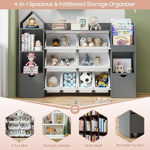 Miniatura 6 de Organizador de almacenamiento de juguetes para niños, estantería gris con 8 contenedores de juguetes extraíbles, organizadores de almacenamiento de
