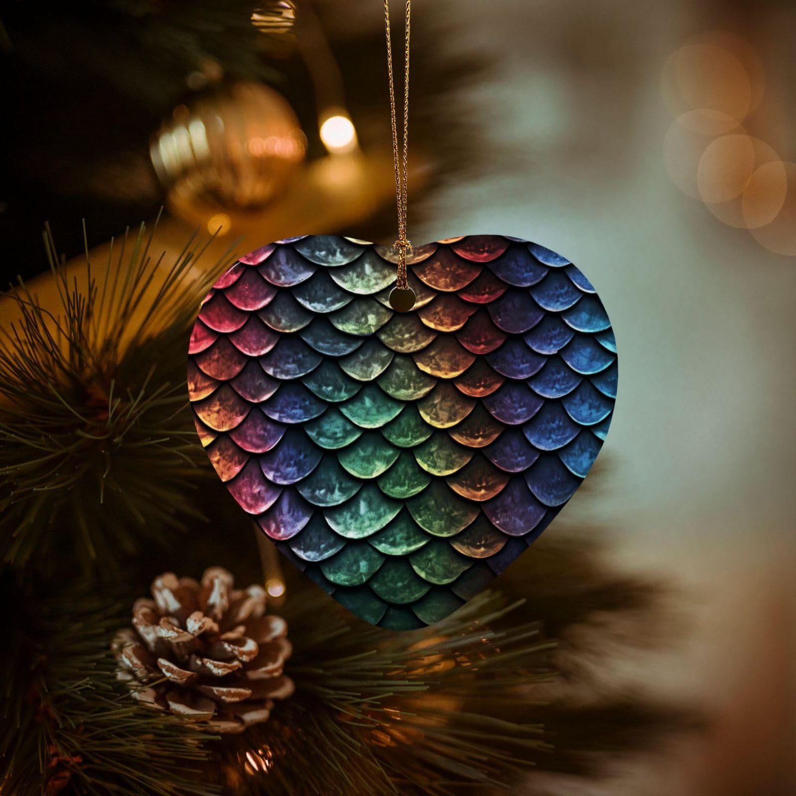 Christmas Ornaments for Christmas Tree Decoration Hanging Dragon Scale Ornament with Gold Ribbon Crafts Heart Shape Ceramic Pendant for Keepsake Gifts Xmas Decor Party Supplies