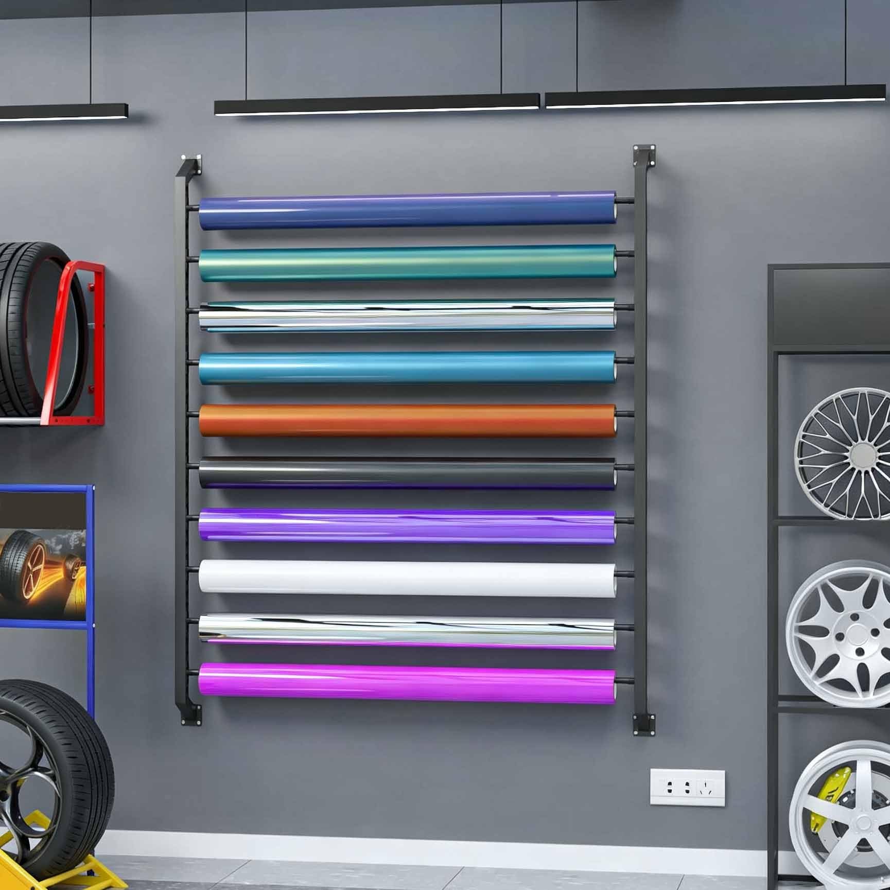 Expositor de pared para láminas de vinilo para rotulación de automóviles | 10 rollos, acero laminado en frío, espaciado entre capas ajustable, para papel pintado láminas ventanas negro(H:210CM)