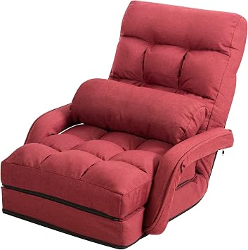 Multigot Folding Lazy Sofa Bed, 5 Positions Adjustable Floor Armchair with Armrests and Pillow, Convertible Padded Sleeper Chair for Living Room Bedroom Red