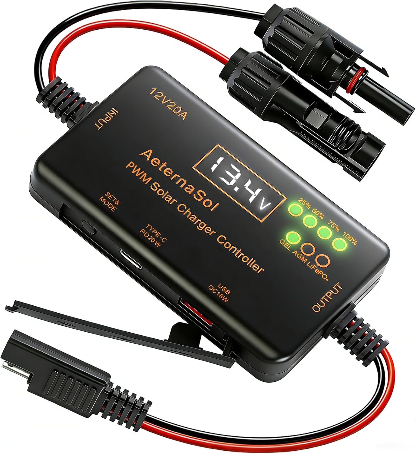 PWM Photo voltaic Cost Controller 12V 20A Photo voltaic Panel with LCD Show Cost Controller for Gel AGM Lithium LiFePO4 Batteries Cost Controllers Suitable with Kind-c and USB（12v/20A）