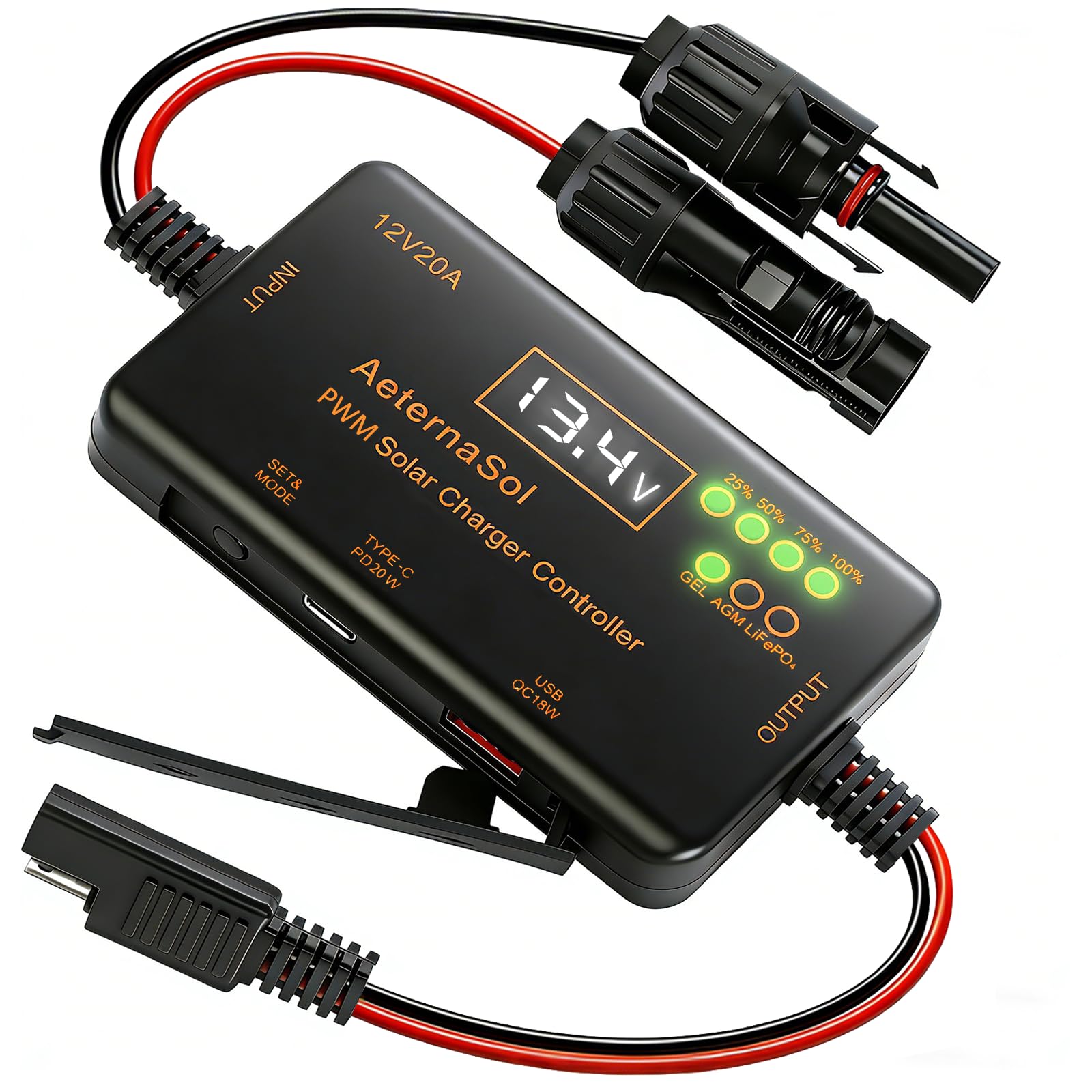 PWM Solar Charge Controller 12V 20A Solar Panel with LCD Display Charge Controller for Gel AGM Lithium LiFePO4 Batteries Charge Controllers Compatible with Type-c and USB（12v/20A）