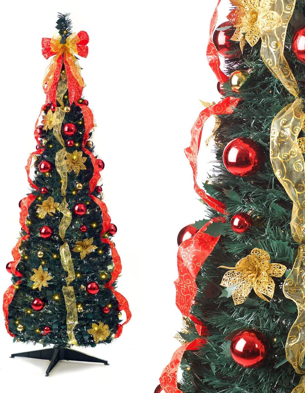 Best Artificial Battery Powered Pre-Lit & Pre-Decorated Pop-up Christmas Tree Xmas with Lights (Red/Gold)