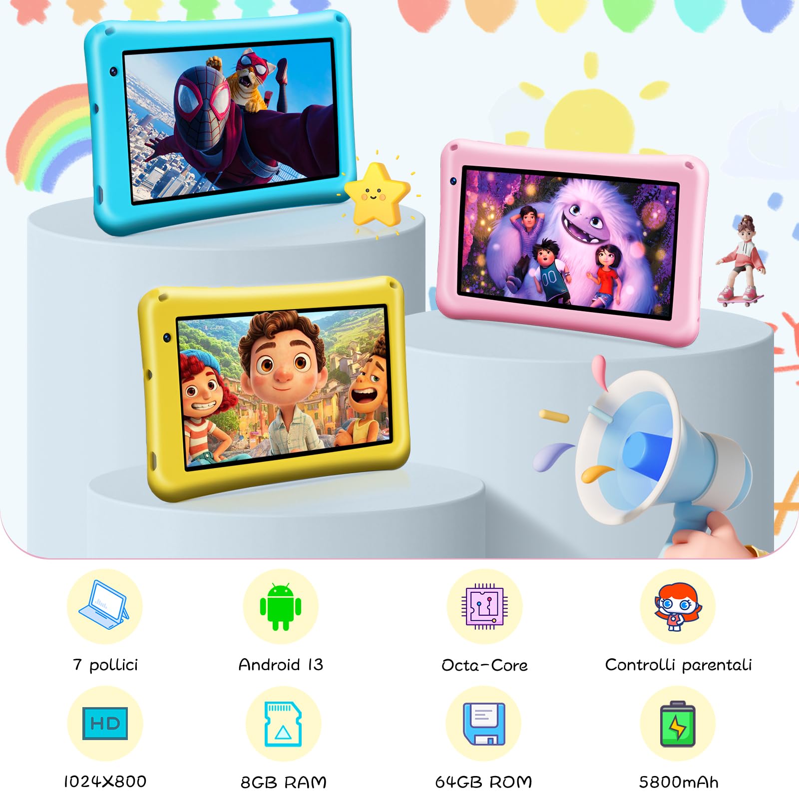 BISAIKASOW Tablet Bambini 7pollici, Android 13, Octa-Core, 8GB+64GB (esp. 256GB), 5800mAh Batteria, Doppia Cam. 5MP+8MP, Software Bambini, Controllo Parentale, con Custodia