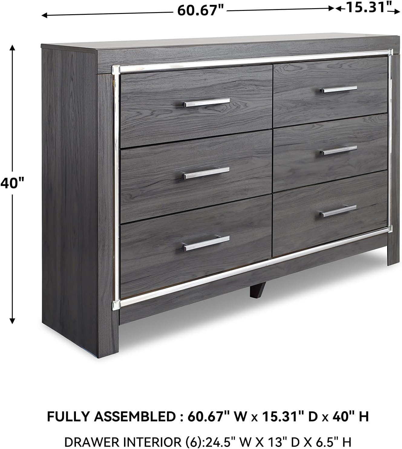 Signature Design by Ashley 6 Drawer Dresser, Master Bedroom Grey Dresser | Faux linen interior, 61 in wide, Meets ASTM F 2057 stability standard, Engineered wood, Glam decor, Lodanna Series