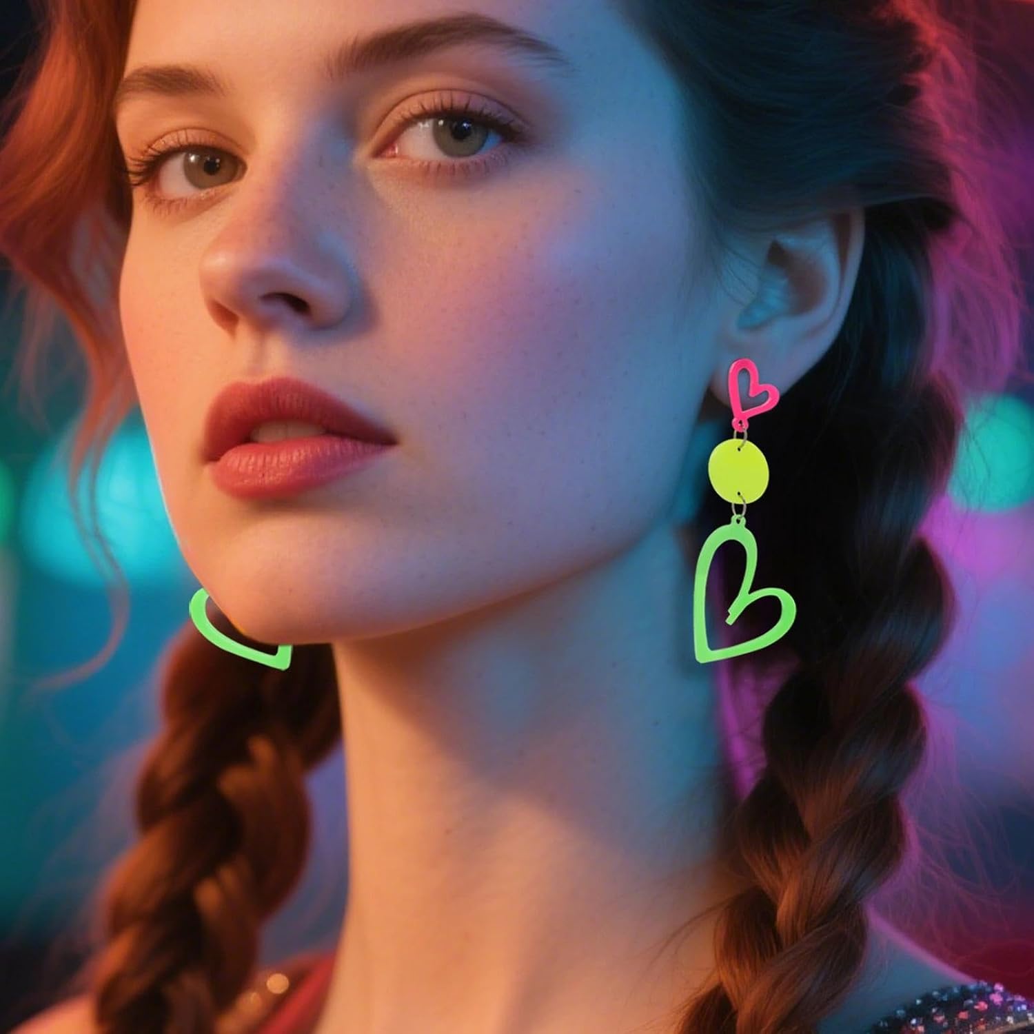 RechicGu 80s 90s Neon Heart Hoop Earrings for Glow Party, 70s Retro Outfit Jewelry Accessories Gift for Women,Acrylic Round Drop Dangle Earring for Halloween Costume Rose Red Green Yellow image 2