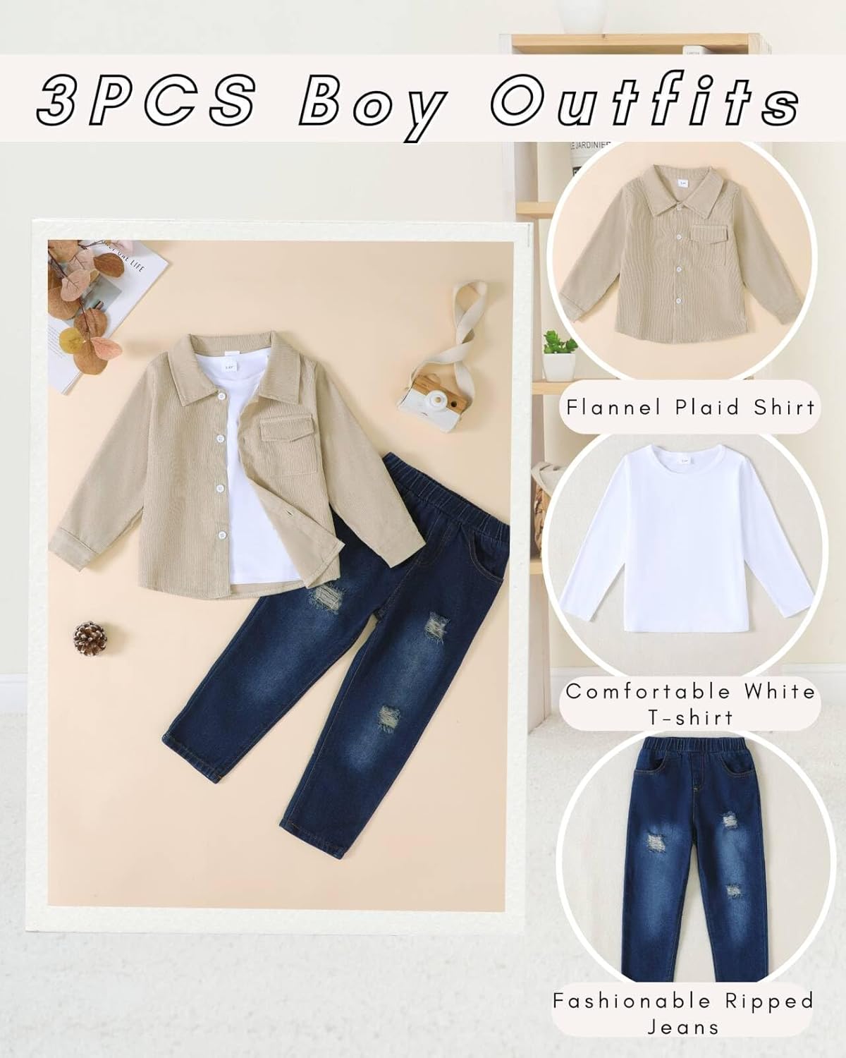 Renotemy Toddler Boy Clothes Fall Winter Outfits 3Pcs Fashion Flannel Shirts Ripped Jeans Pants Kids Boys Clothing Sets - Image 4