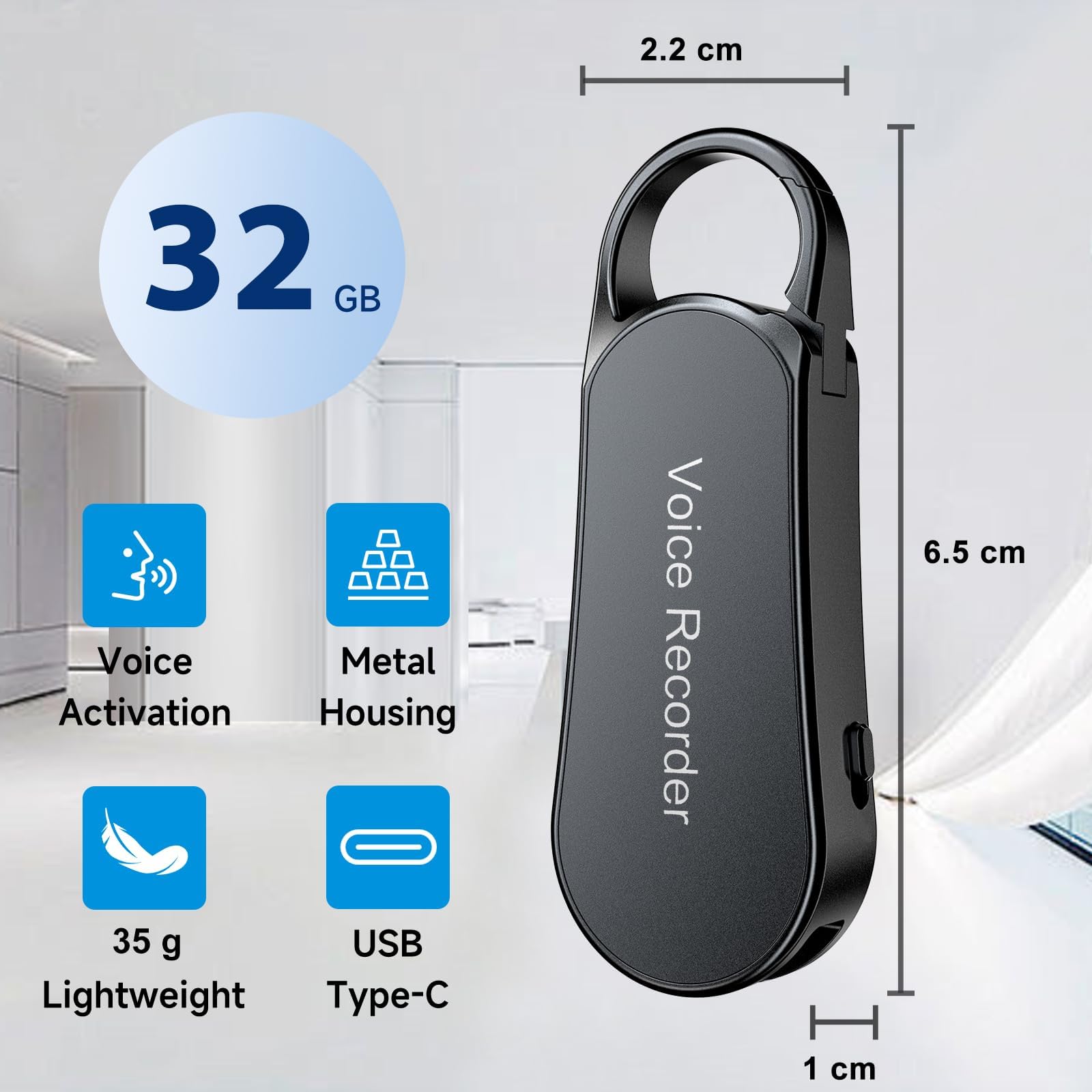 32GB Ponovo Registratore Vocale Design Portachiavi con Custodia in Metallo, Funzionamento a Un Tasto, Audio Hi‑Fi 1536 kbps e Attivazione Vocale – Ideale per Interviste e Riunioni
