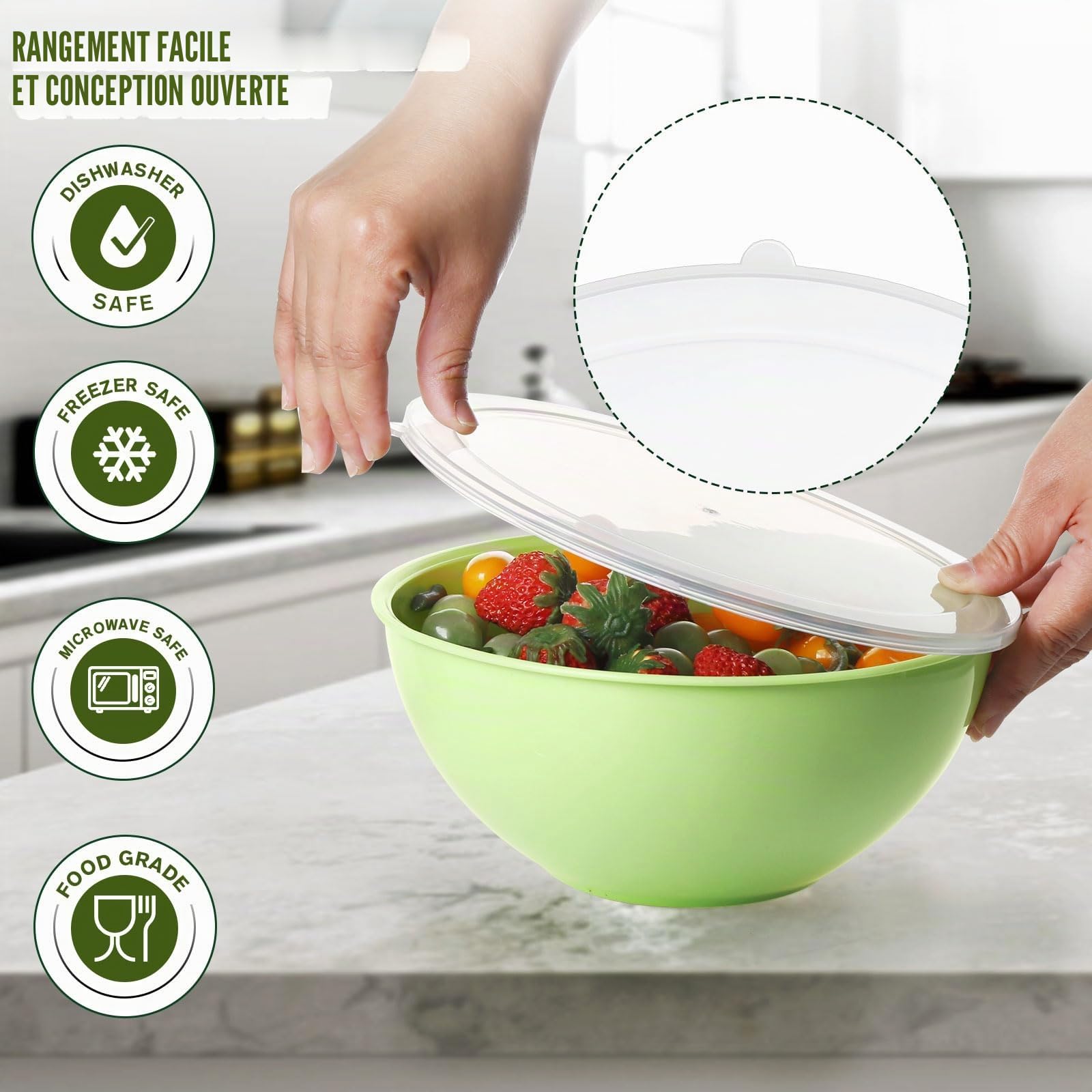 Greentainer Lot de 4 Bols de Préparation avec Couvercles, Empilables - Saladiers en Plastique Alimentaire pour Cuisine, Mélange et Stockage (22 cm, 2L, Vert) - Idéaux pour Salade, Pâtisserie
