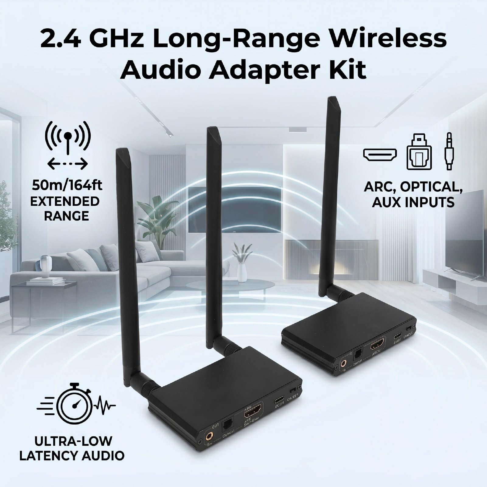 Tangxi Juego de Receptor y Transmisor de Audio Inalámbrico de 2,4 GHz, Kit de Adaptador de Sonido Inalámbrico Bluetooth 5.3 con Adaptador de Audio óptico ARC de 3,5 Mm, Largo Alcance de
