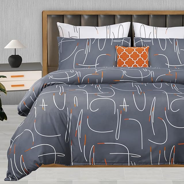 Pamposh Double Duvet Set Grey & White Bedding Double Bed Set Bedding Set 3 PCS With Pillowcases Ultra Soft Anti Allergic Non Iron Luxury Microfiber (Grey / White / Orange, Double (200 x 200 cm))