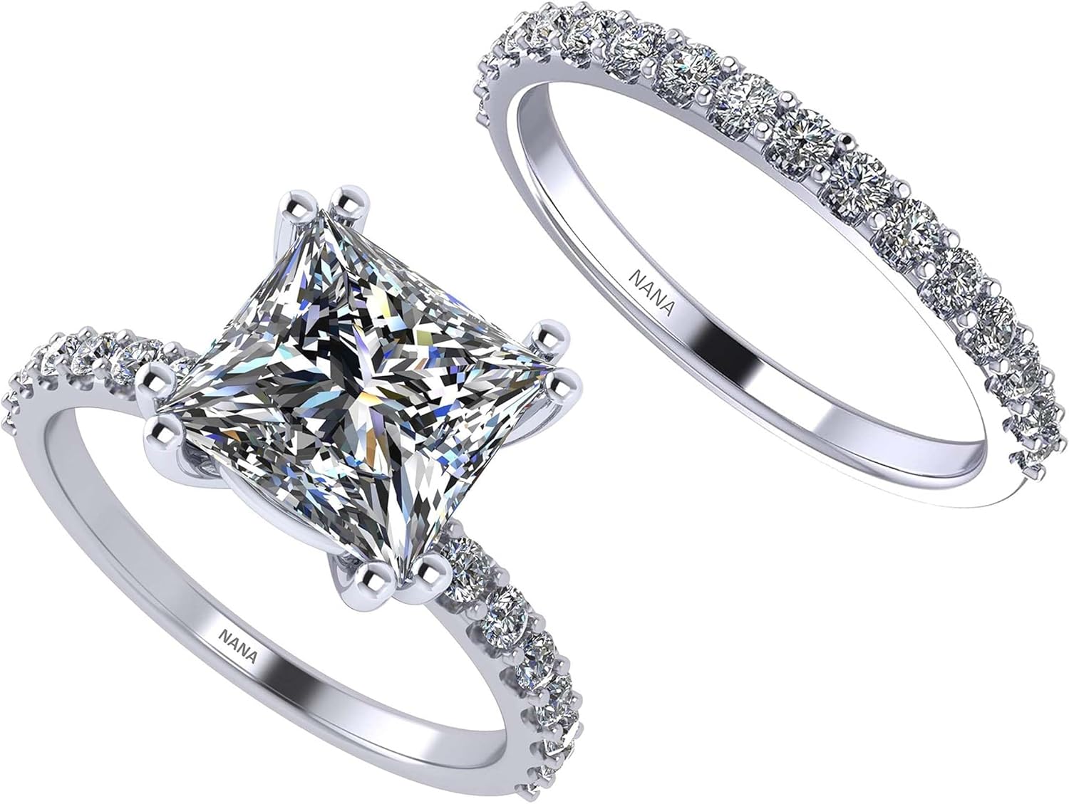 NANA Jewels 1.50ct Princess Cut Solitaire Engagement Ring & Wedding Band w/Pure Brilliance Zirconia Size 4.5