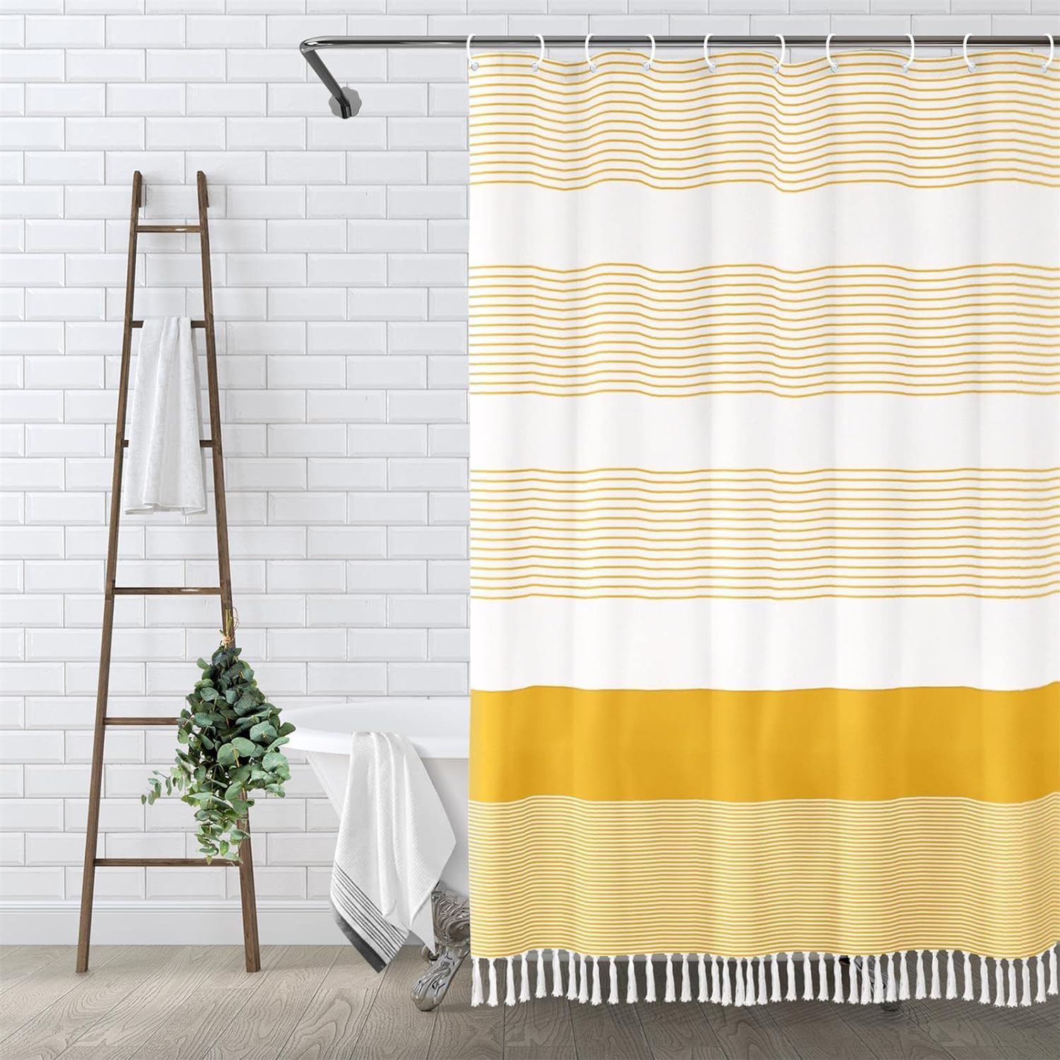Awellife Boho Yellow Shower Curtain for Bathroom Stripe