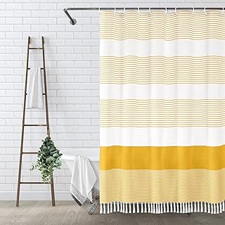Awellife Boho Yellow Shower Curtain for Bathroom Stripe Tassel Shower Curtain 72 X 72 Inches Farmhouse Cotton
