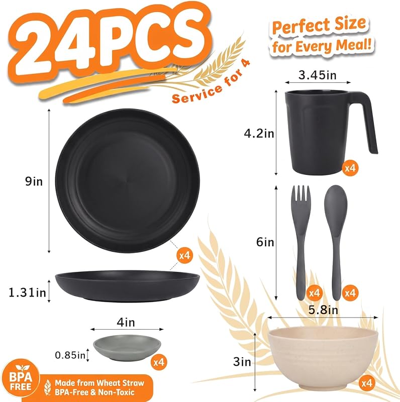 Wrova 24PCS Wheat Straw Dinnerware Sets – 24 pieces, service for four