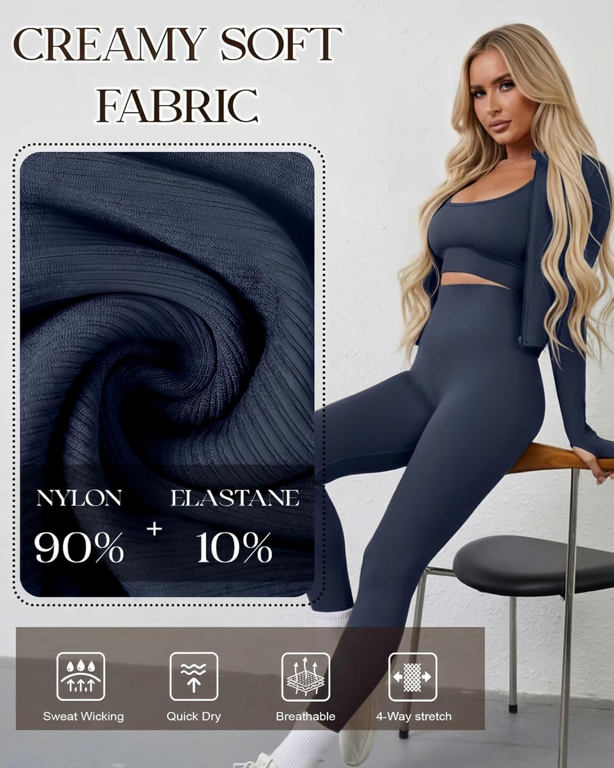 Women 3 Piece Seamless Workout Set Sports Bra High Waisted Gym Yoga Leggings Zip Up Jacket with Thumbhole Activewear